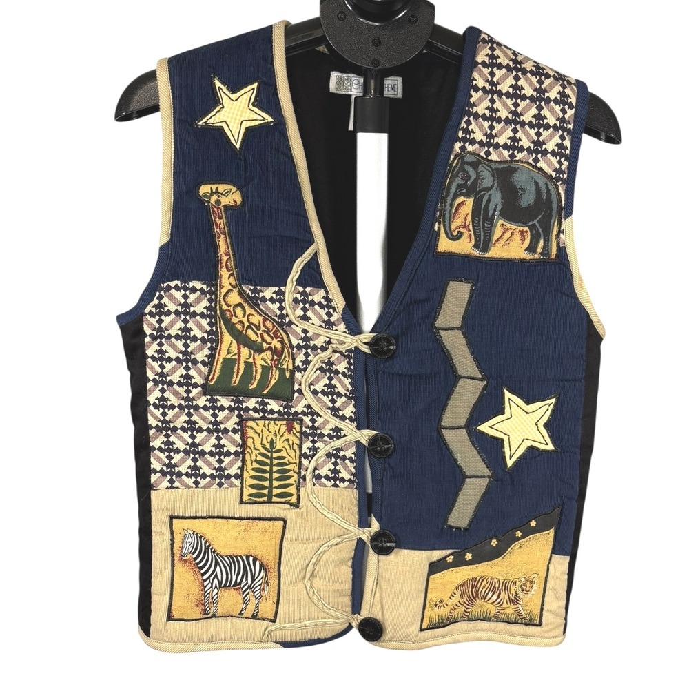 Chrysantheme Womens Small Safari Animal Patchwork Cotton Vest Navy Blue Giraffe